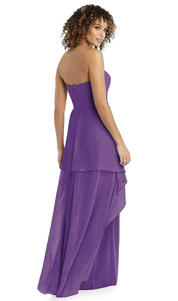 Back View - Majestic Gold Shimmer Strapless Gown with Skirt Overlay