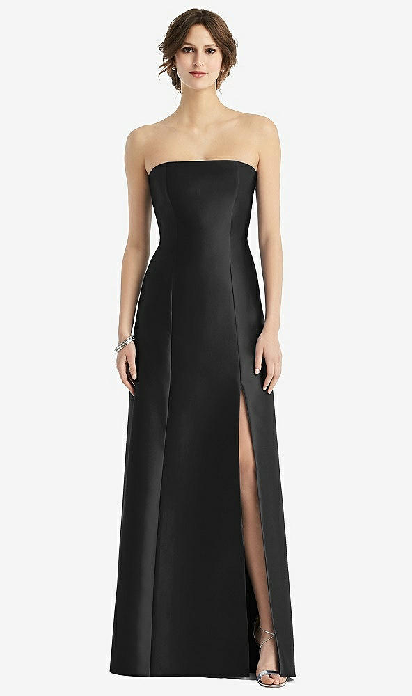 Front View - Black Strapless Satin Trumpet Gown with Front Slit