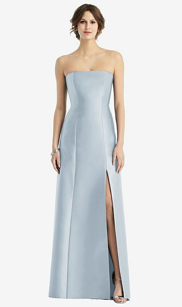 Front View - Mist Strapless Satin Trumpet Gown with Front Slit