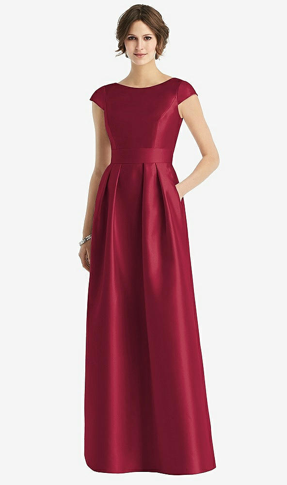 Front View - Burgundy Cap Sleeve Pleated Skirt Dress with Pockets
