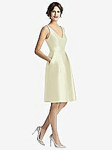 Front View Thumbnail - Butter Yellow V-Neck Pleated Skirt Cocktail Dress with Pockets