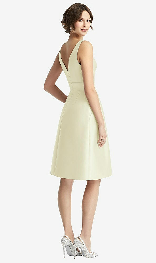 Back View - Butter Yellow V-Neck Pleated Skirt Cocktail Dress with Pockets