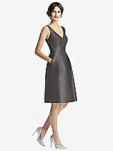 Front View Thumbnail - Caviar Gray V-Neck Pleated Skirt Cocktail Dress with Pockets