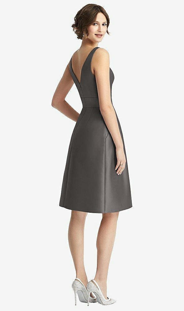 Back View - Caviar Gray V-Neck Pleated Skirt Cocktail Dress with Pockets