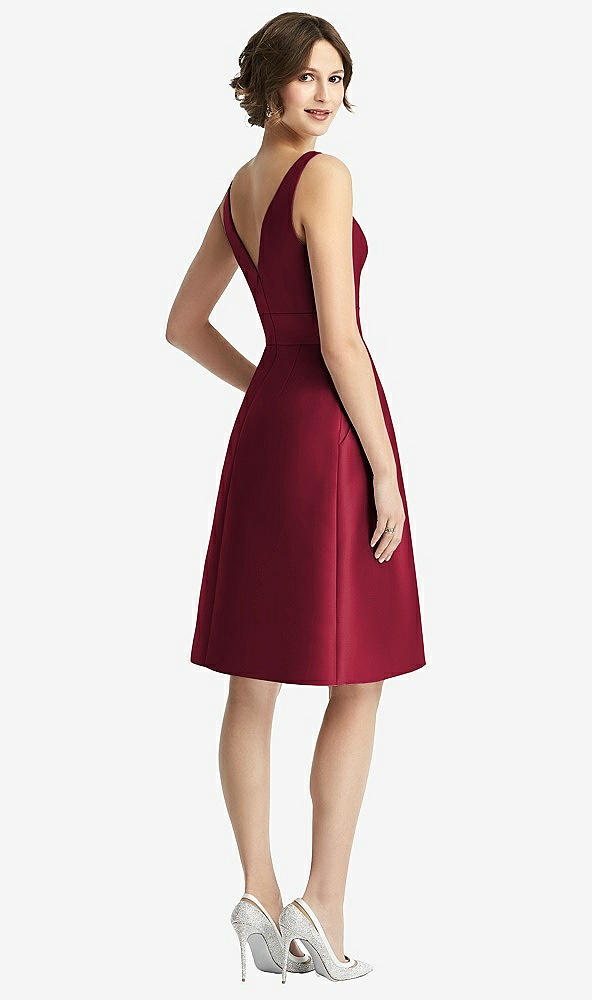 Back View - Burgundy V-Neck Pleated Skirt Cocktail Dress with Pockets