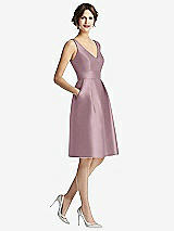 Front View Thumbnail - Dusty Rose V-Neck Pleated Skirt Cocktail Dress with Pockets