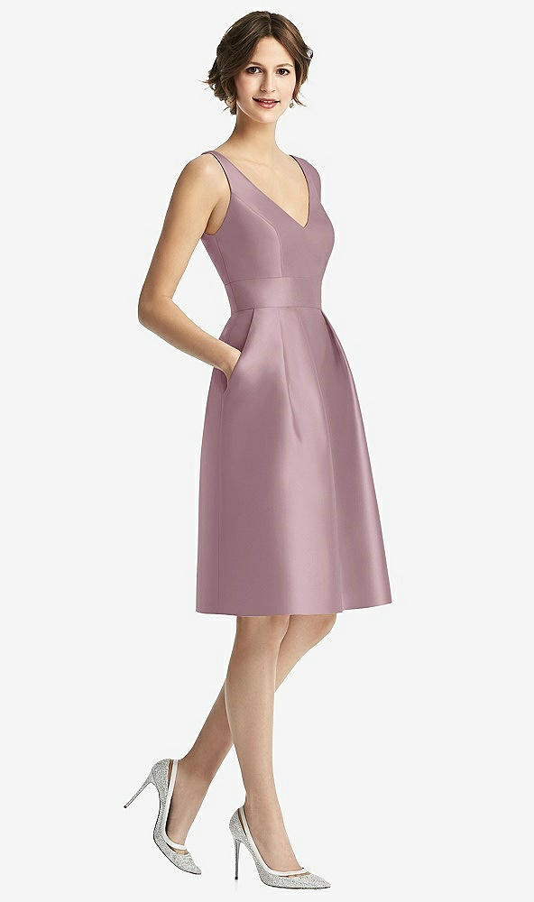 Front View - Dusty Rose V-Neck Pleated Skirt Cocktail Dress with Pockets
