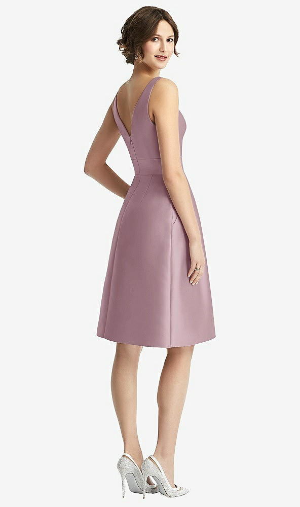 Back View - Dusty Rose V-Neck Pleated Skirt Cocktail Dress with Pockets