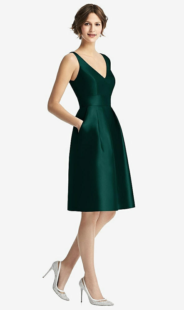 Front View - Evergreen V-Neck Pleated Skirt Cocktail Dress with Pockets