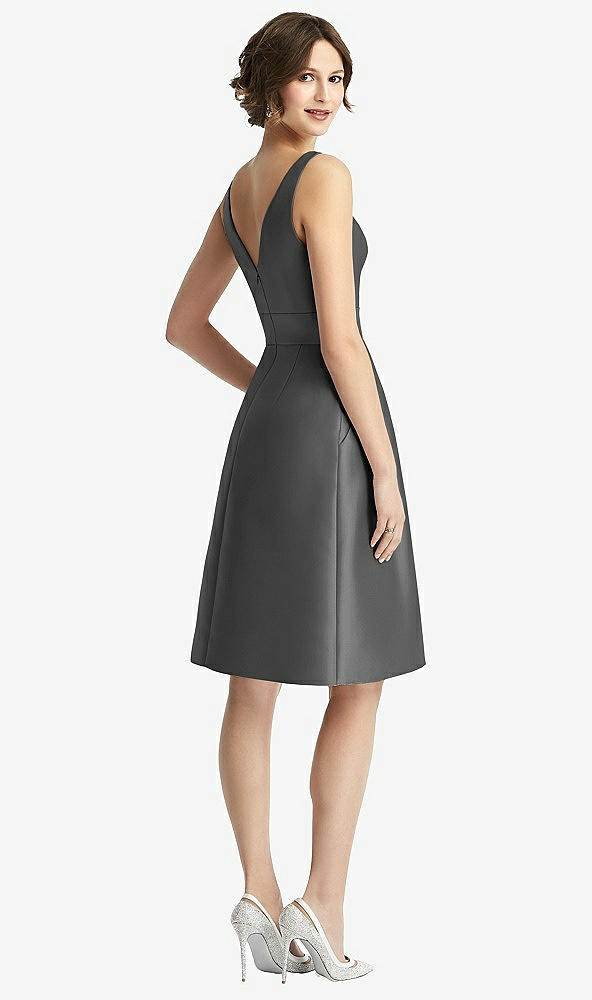 Back View - Gunmetal V-Neck Pleated Skirt Cocktail Dress with Pockets