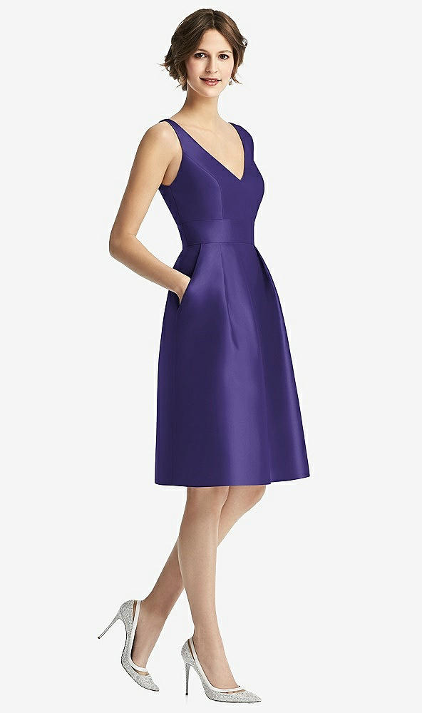 Front View - Grape V-Neck Pleated Skirt Cocktail Dress with Pockets