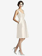 Front View Thumbnail - Ivory V-Neck Pleated Skirt Cocktail Dress with Pockets