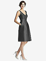 Front View Thumbnail - Pewter V-Neck Pleated Skirt Cocktail Dress with Pockets