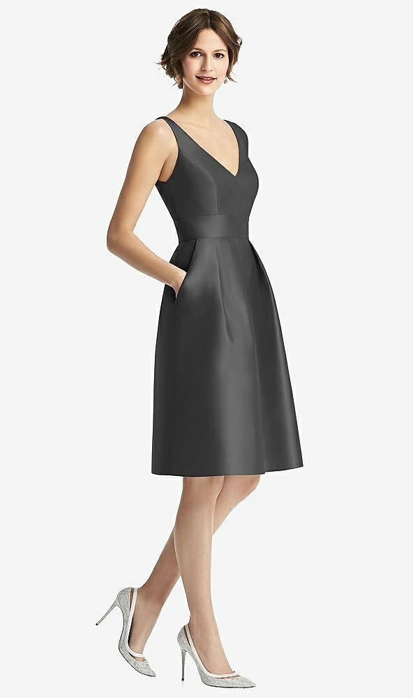 Front View - Pewter V-Neck Pleated Skirt Cocktail Dress with Pockets