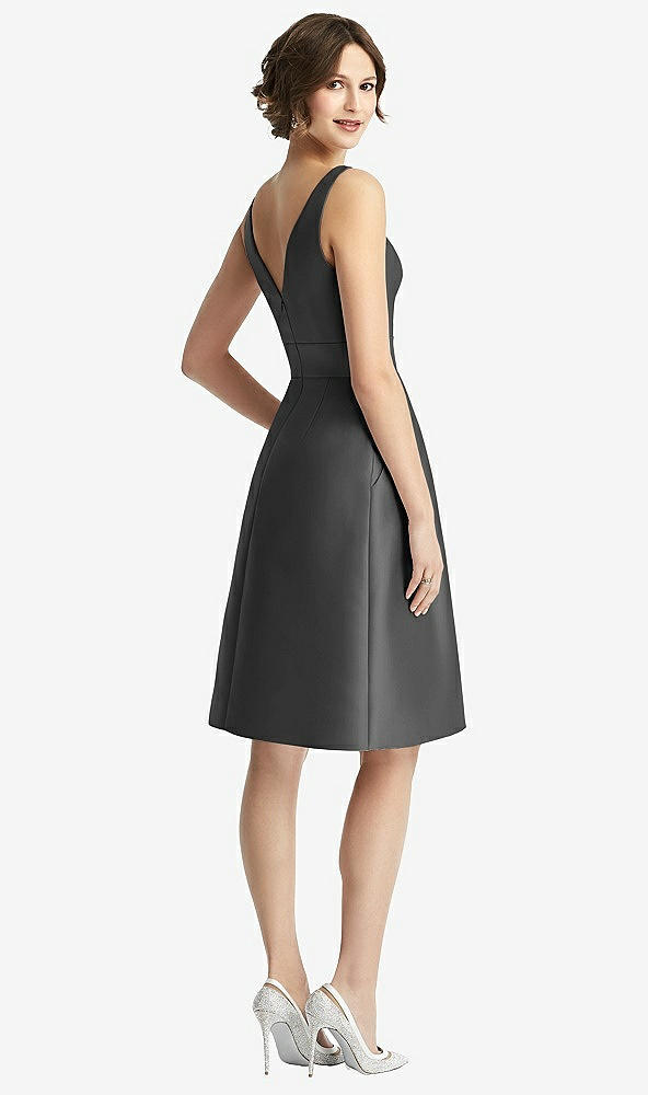 Back View - Pewter V-Neck Pleated Skirt Cocktail Dress with Pockets