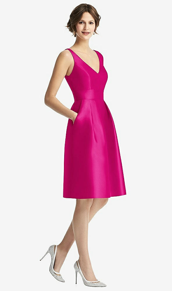 Front View - Think Pink V-Neck Pleated Skirt Cocktail Dress with Pockets