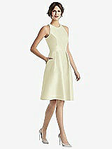 Front View Thumbnail - Butter Yellow High-Neck Satin Cocktail Dress with Pockets