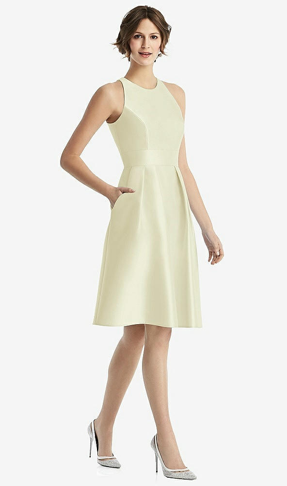 Front View - Butter Yellow High-Neck Satin Cocktail Dress with Pockets