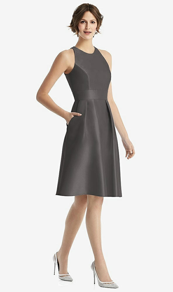 Front View - Caviar Gray High-Neck Satin Cocktail Dress with Pockets