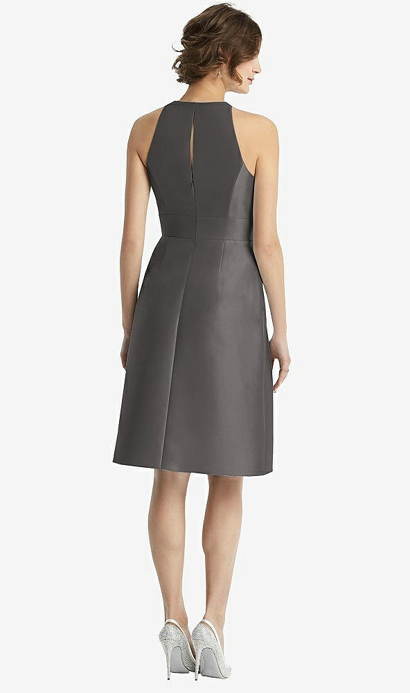 Back View - Caviar Gray High-Neck Satin Cocktail Dress with Pockets