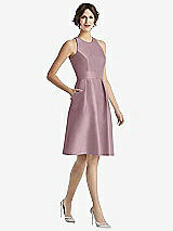Front View Thumbnail - Dusty Rose High-Neck Satin Cocktail Dress with Pockets
