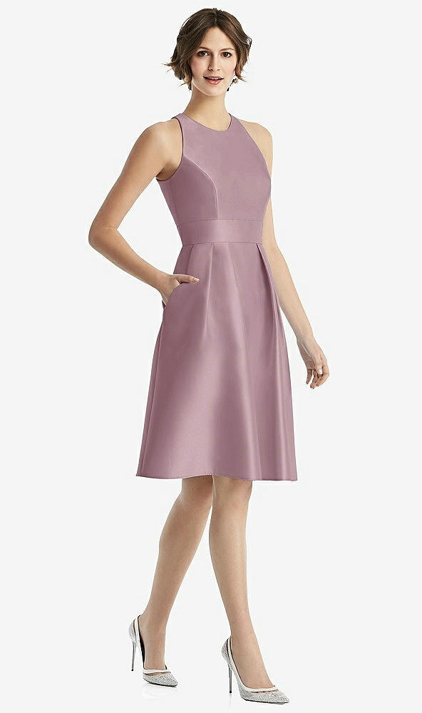 Front View - Dusty Rose High-Neck Satin Cocktail Dress with Pockets