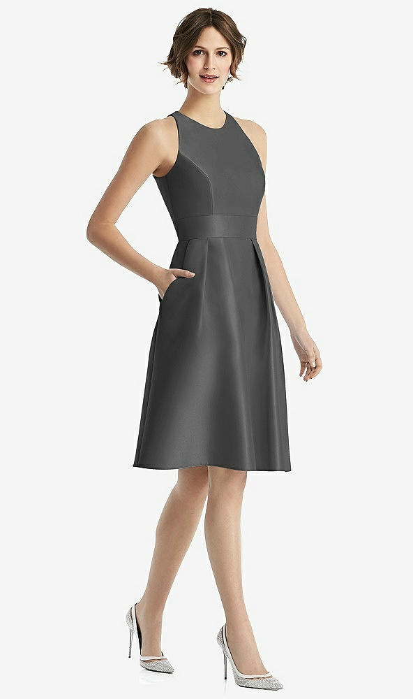 Front View - Gunmetal High-Neck Satin Cocktail Dress with Pockets