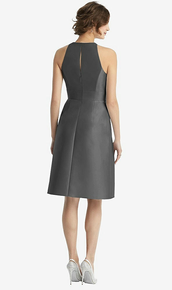 Back View - Gunmetal High-Neck Satin Cocktail Dress with Pockets