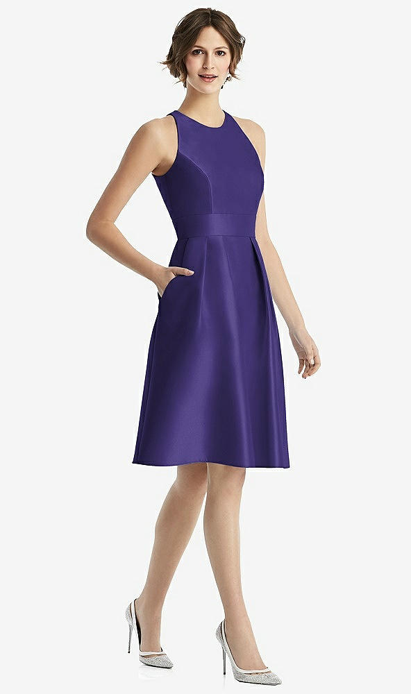 Front View - Grape High-Neck Satin Cocktail Dress with Pockets