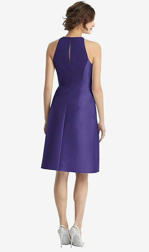 Back View - Grape High-Neck Satin Cocktail Dress with Pockets
