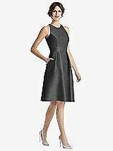 Front View Thumbnail - Pewter High-Neck Satin Cocktail Dress with Pockets