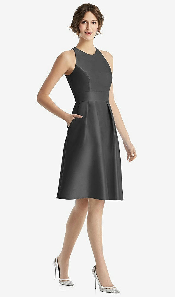 Front View - Pewter High-Neck Satin Cocktail Dress with Pockets