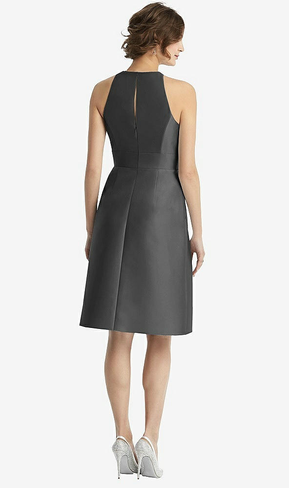 Back View - Pewter High-Neck Satin Cocktail Dress with Pockets