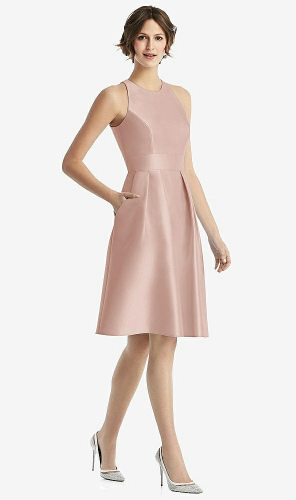 Front View - Toasted Sugar High-Neck Satin Cocktail Dress with Pockets