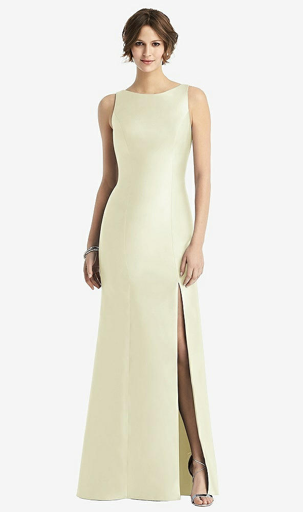Front View - Butter Yellow Sleeveless Satin Trumpet Gown with Bow at Open-Back