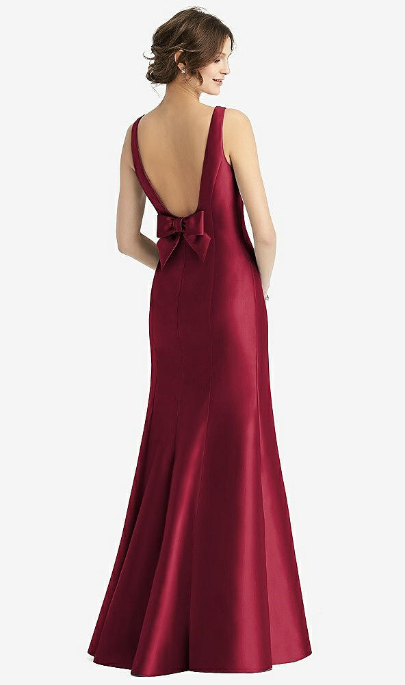 Back View - Burgundy Sleeveless Satin Trumpet Gown with Bow at Open-Back
