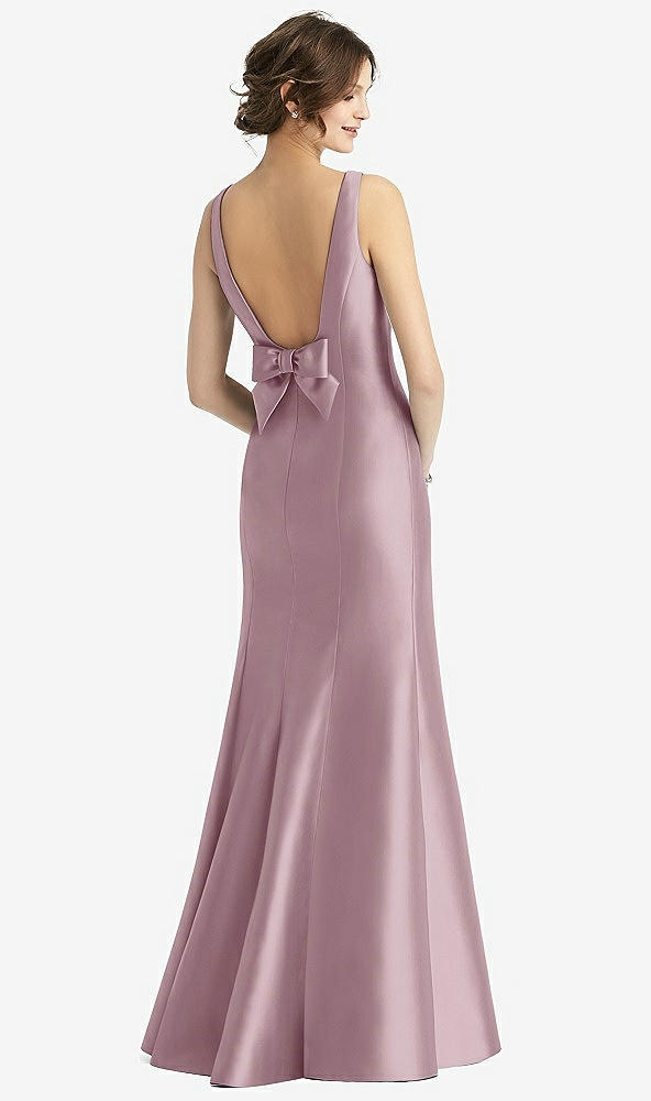 Back View - Dusty Rose Sleeveless Satin Trumpet Gown with Bow at Open-Back