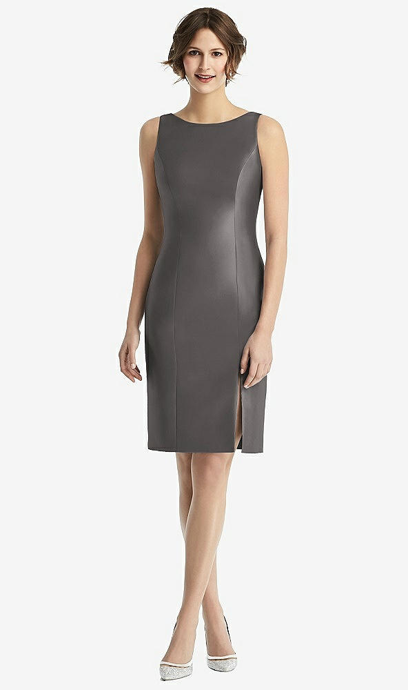 Back View - Caviar Gray Bow Open-Back Satin Cocktail Dress with Front Slit