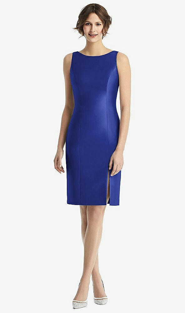 Back View - Cobalt Blue Bow Open-Back Satin Cocktail Dress with Front Slit