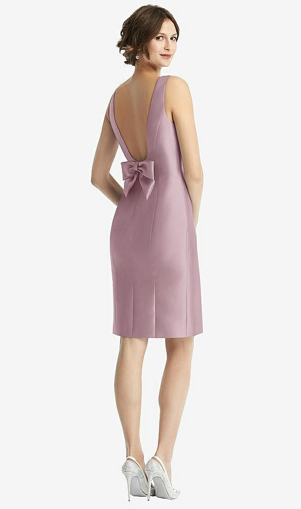 Front View - Dusty Rose Bow Open-Back Satin Cocktail Dress with Front Slit