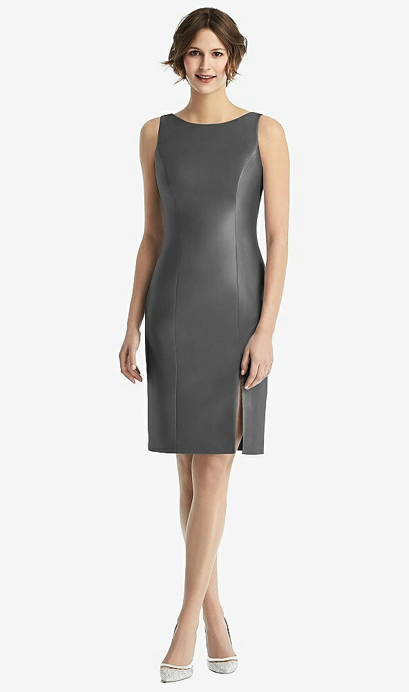 Back View - Gunmetal Bow Open-Back Satin Cocktail Dress with Front Slit