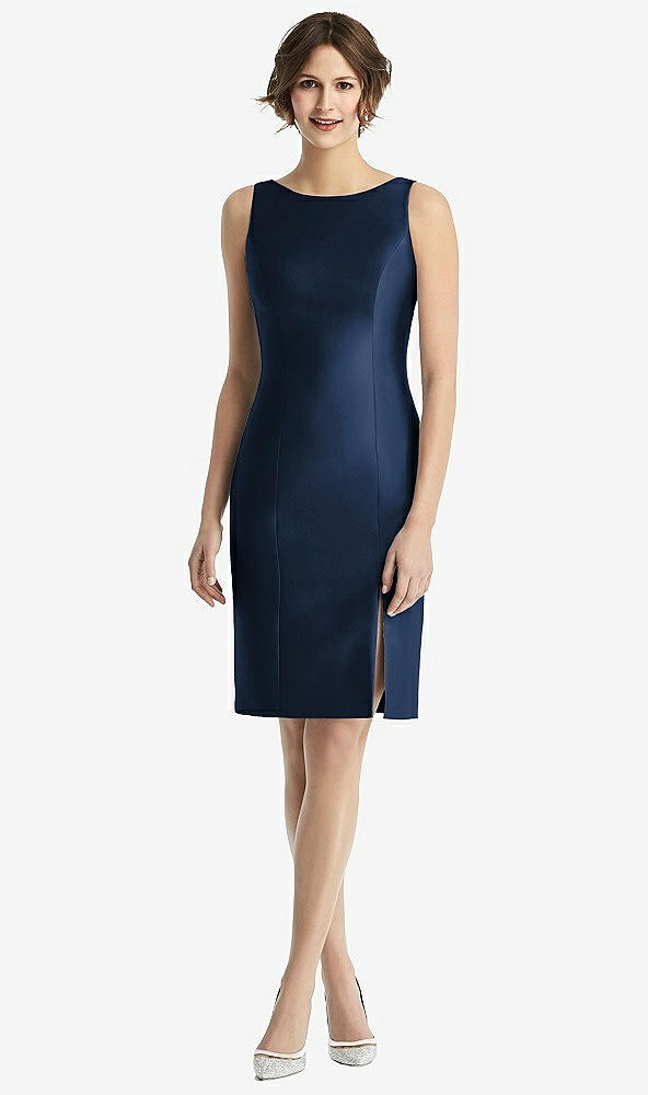 Back View - Midnight Navy Bow Open-Back Satin Cocktail Dress with Front Slit