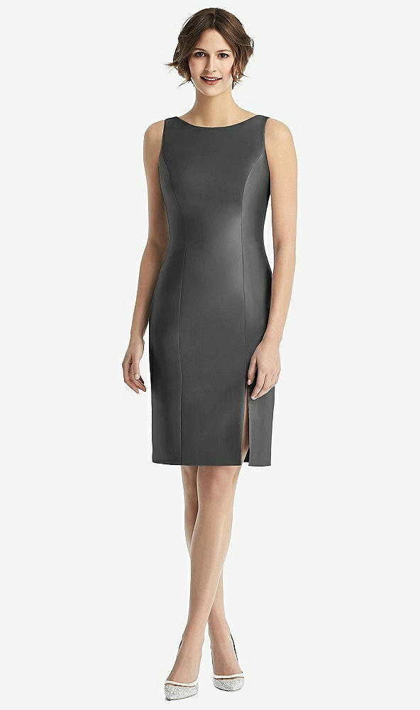 Back View - Pewter Bow Open-Back Satin Cocktail Dress with Front Slit