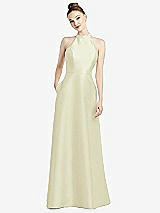 Rear View Thumbnail - Butter Yellow High-Neck Cutout Satin Dress with Pockets