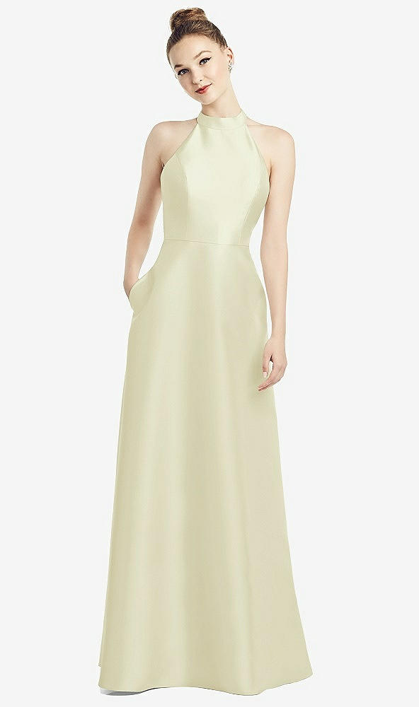 Back View - Butter Yellow High-Neck Cutout Satin Dress with Pockets