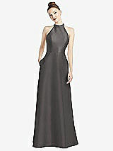 Rear View Thumbnail - Caviar Gray High-Neck Cutout Satin Dress with Pockets