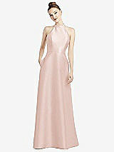 Rear View Thumbnail - Blush High-Neck Cutout Satin Dress with Pockets