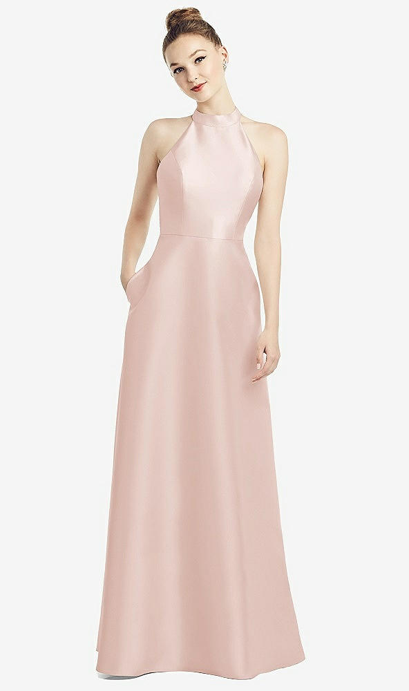 Back View - Blush High-Neck Cutout Satin Dress with Pockets