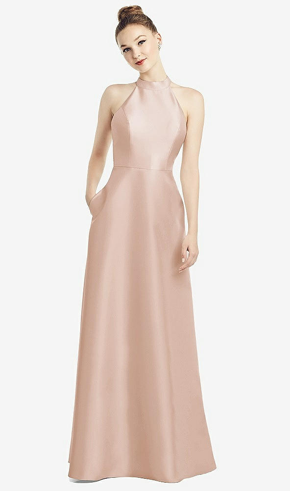 Back View - Cameo High-Neck Cutout Satin Dress with Pockets