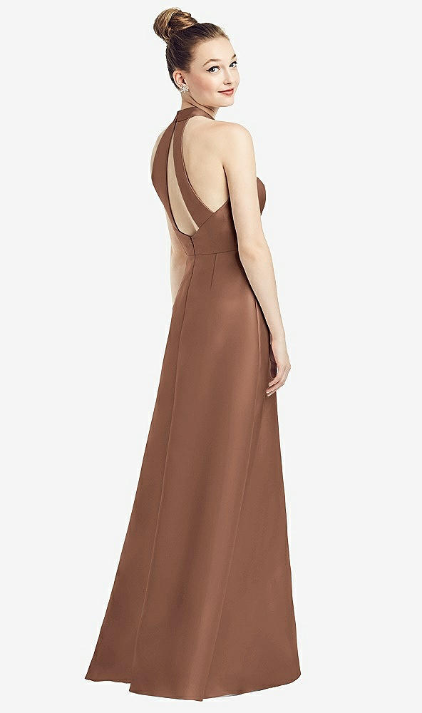 Front View - Cognac High-Neck Cutout Satin Dress with Pockets